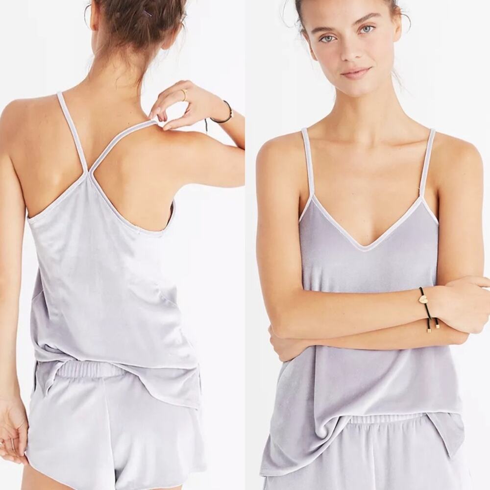 NEW Madewell Sz L Velvet Cami Pajama Tank Top Silver Gray Velour Grey V Neck NWT